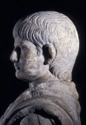 Togate statue of the young Nero, side view of the head (detail)