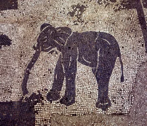 Ancient Ostia. Place des Corporations. Mosaic of the Sabratha Seafarers Corporation