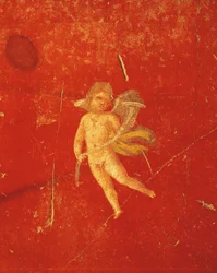 Cherub in Red Pompeian Background, Fresco in Fourth Pompeian Style, from House of Pinario Ceriale, Pompeii, Campania, Roman Civilization