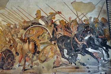 Detail of a mosaic from Pompeii: Battle of Issus between Alexander and Darius (4th century BC). King Darius III Codomannus (380-330 BC), distraught on his chariot. Opus vermiculatum. National Archaeological Museum of Naples, Italy.