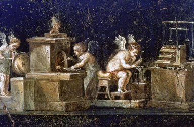 Excavations at Pompeii: Wall Painting from the House of the Vetti Showing Cupids as Goldsmiths, Uncovered During the Excavations