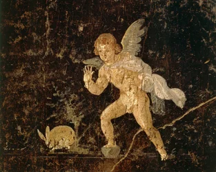 Fresco depicting Cupid hunting a hare from Pompeii, Naples province, Italy