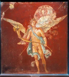 Fresco depicting winged Genius carrying woman on his shoulders, from House of Naviglio, Pompei, Italy