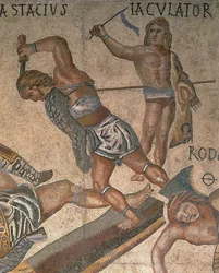 Mosaic with a scene of fighting gladiators (detail)