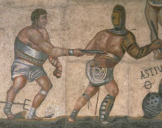 Mosaic with a scene of fighting gladiators (detail)