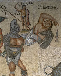 Mosaic with a scene of fighting gladiators (detail)