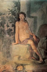 Narcissus at Fountain, fresco from House of Loreio Tiburtino, Pompeii, Campania, Roman Civilization