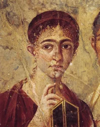 Portrait of Baker Terentius Neo and His Wife in Formal Clothes, (Detail) of the Wife with Her Stylus and Diptych Open from Italy, Campania, Pompeii, 55-79 A.D.
