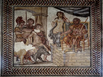 Roman art: Admete, king of Pheres in Thessaly, having tamed a boar and a lion, asks Pelias, king of Iolcos, for the hand of his daughter Alceste. Mosaic of the Wedding of Admete. Nimes, Museum of Fine Arts