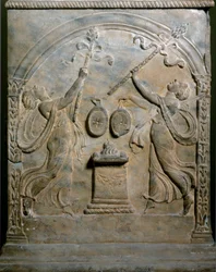 Roman art: funerary altar representing two dancing menades