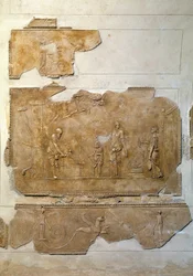 Roman art: initiation into the mysteries of Dionysus: celebration of Dionysian rituals. Low relief from the area of the Villa Farnesina. Rome, Museo Nazionale Romano (or Museum of the Baths)