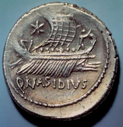Roman art: silver coin representing a Roman galley