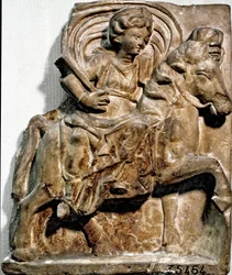 Roman art: the goddess Epona, deity of Gallic origin, patron of horsemen and travelers. Limestone stele found in Gannat (Allier), Auvergne. Saint Germain en Laye. Museum of National Antiquities