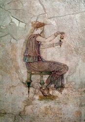 Roman art: seated woman pouring perfume into a vase. Wall painting, 25 AD, from the Villa della Farnesina, Rome, Palazzo Massimo alle Terme, Museo Nazionale Romano