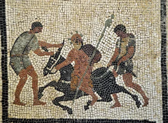 Drunk Silene rides on a donkey held by two servants. Mosaic from Pompeii, house of Paquius Proculus or C. Cuspius Pansa - Archaeological Museum of Naples, Italy