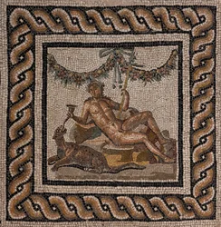 The House of Dionysus, one of the Roman domus of Ortaglia: detail of the mosaic floor representing Dionysus and the Panther