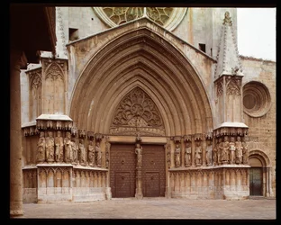 Gothic Art: (detail) of the central portal of the Cathedral of St. Thecla in Tarragona