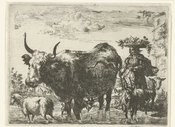 Shepherdess with Basket on Head, a Cow, Two Goats, and Two Sheep in the Water