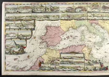 Map of the Mediterranean with allegorical figures and sea monsters embellishing the insets