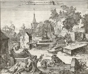 Mourning in the Portuguese-Jewish cemetery of Beth Haim of Ouderkerk on the Amstel in the Netherlands - Engraving by Romeyn de Hooghe