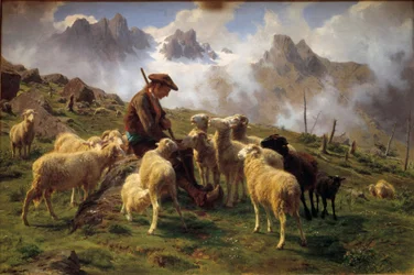 An Alpine Shepherd Giving Salt to His Sheep