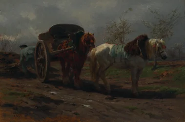Two Horses in Front of a Cart