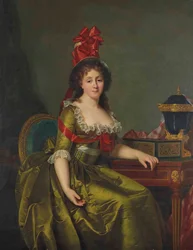 Portrait of a lady, in a green satin dress and a bonnet with red ribbons