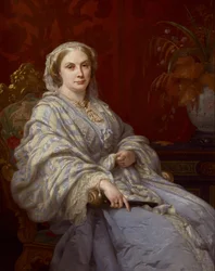 Portrait of Louisa, wife of Algernon, 6th Duke of Northumberland, three-quarter length, wearing a blue dress and blue and white striped shawl