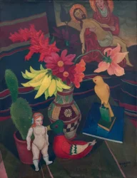 Still Life with Naked Doll, Cactus, and Pietà Image