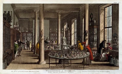 Interior view of a Wedgwood porcelain shop in London