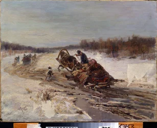 Shrovetide. A Man and a Woman Singing and Smiling in a Sleigh. They Celebrate the Period Before Lent During Which One Eats Fatty Foods. Painting by Rudolf Ferdinandovich Frenz