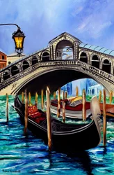 Gondolas at the Rialto Bridge in Venice, 2023