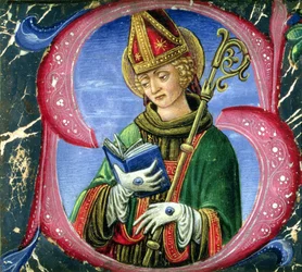 Historiated initial S depicting a Bishop Saint, c.1470