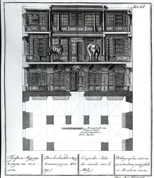 A Section view of the Hall of Rarities towards the South, illustration in Chambers of the St. Petersburg Imperial Academy of Sciences Library and Gallery showing Plans, Facades and Profiles by Johann