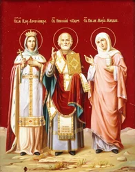 An Icon Painted on Glass Depicting Saint Nicholas, Saint Alexandra and Mary Magdalene