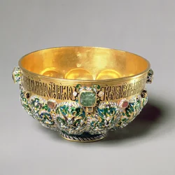 Embossed bowl set with cabochon gems and polychrome decoration, 1653
