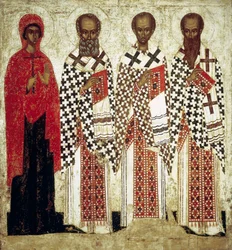 Paraskeva Pyatnitsa, Gregory the Theologian, John Chrysostom and Basil the Great, early 15th century