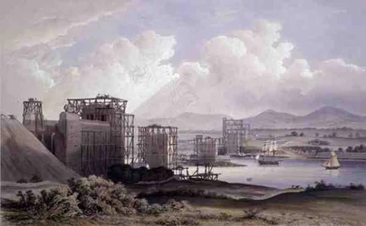 Britannia Tubular Bridge over the Menai Straits, taken during construction in 1848, lithograph by Day and Son