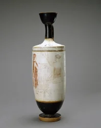 White Ground Lekythos with Young Woman at a Tomb
