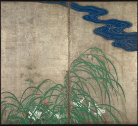 Summer and autumn flower plants. Part of the pair of two-fold screens