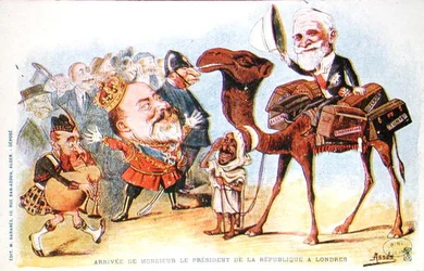 Caricature of the arrival of President of the French Republic, Emile Loubet in London in 1903