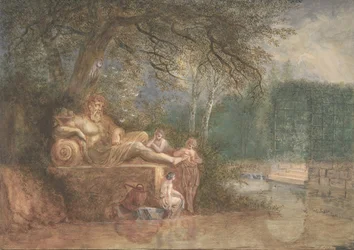 A Park with Figures at a Statue near Water