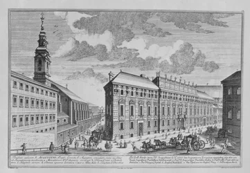 View of the Dorotheergasse showing the Stallburg and the monastery church of the Dorotheum engraved by Hieronymous Sperling