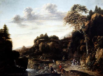 Wooded Landscape with Stag Hunt by a River