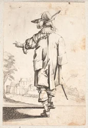 Cavalier Seen from Back: Gestures with Left Hand, Wears Cape and Plumed Hat, Walled Town and Gate Beyond