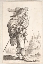 Walking man, three-quarter profile to the right, reaching for the sword at his hip. In the background a castle