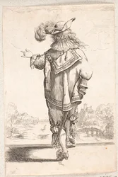 Walking Man with Feathered Hat, Gesturing with His Left Hand. In the Background, a City by a River