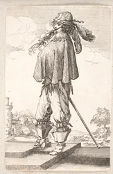 Man, Profile to the Left, with Sword and Feathered Hat, Climbing Two Steps