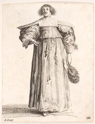 Woman Seen from the Front. Holds Feather Fan in Left Hand and Gestures with Right