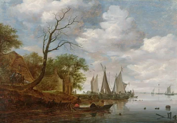 River Scene with Sailing Boats unloading at the Shore